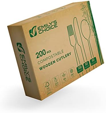Emily Választás 200 Pc Eldobható/Lebontható Fából készült Evőeszközök/Compostable Eszközök Készlet, 100 Kanál, 50 Villa,