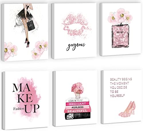 KAIRNE Divat a Nők Art Print, Modern Pink Képek, Fürdőszoba Decor Lányoknak Wall Art Készlet 6(12X16,Keretes),Helló Gyönyörű Fali Dekor