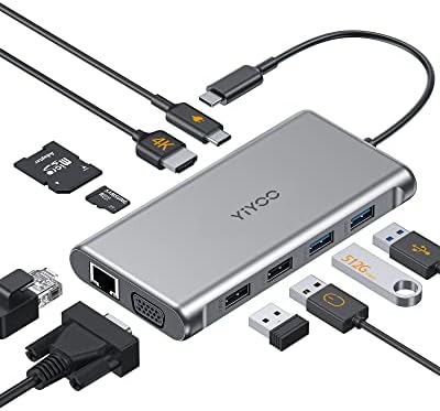 USB-C-Hub-VGA Adapter, YIYOO 10 az 1-ben Dokkoló Állomás Ethernet 1000Mbps, VGA, 4K USB-C HDMI, 2 USB 3.0, 2 USB 2.0, Micro SD/TF Kártya