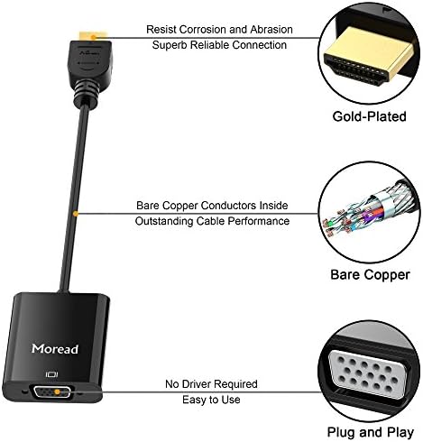 Moread HDMI-VGA Audio, 10 Csomag, Aranyozott Aktív HDMI-VGA Adapter (Férfi-Nő) Micro USB hálózati Kábel & 3,5 mm-es Audio Kábel a PS4, MacBook