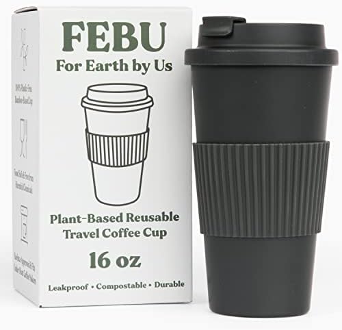 FEBU Növényi Alapú Újrafelhasználható Kávés Csésze Fedő-Hüvely | 16oz, Hold Fekete | Hordozható Utazási Bögre készült Bambusz