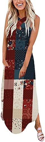 Július 4 Maxi Ruha Női Alkalmi Nyári USA Zászló Bohém Ruha Ujjatlan Kereszt nyakpánt Hazafias Hosszú nyári ruháknak