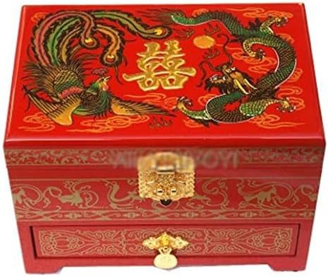 JJRY Kínai 3 Réteg Fa Tároló Dragon Phoenix Ékszer Dobozban,Tükörrel,Esküvői Ékszer, Karperec (Szín : Egy,Mérete W/C/Mint a képen