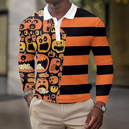 XXBR Halloween Polo shirt Mens,Vicces Grafikus Hosszú Ujjú Csontváz Tök Golf Maximum Fél Jelmezeket Tervező Póló