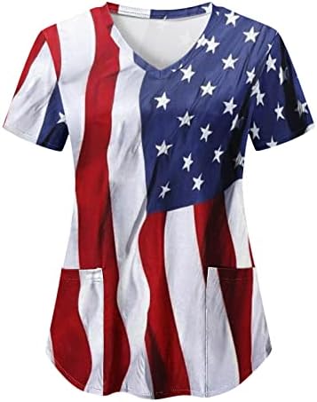 Július 4-én Pólók Női Usa Zászló Nyári Rövid Ujjú, V-Nyakú póló, 2 Zsebbel Blúzok Ünnepi Alkalmi Munkaruházat
