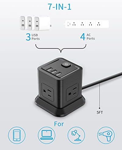 Elosztó USB, FDTEK Lapos Dugó Hosszabbító Kábel 4 AC, 3 USB, 5 FT hálózati Kábel Asztali Töltő Állomás, Túlterhelés elleni