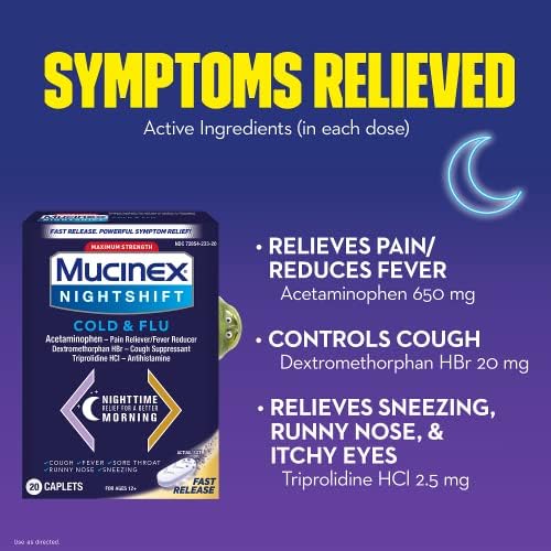 Mucinex éjszakás műszak Hideg & Influenza, Maximális Erőt, Erős Multi-tünet Éjszakai Megkönnyebbülés, 20 Gyors Kiadás Caplets - fájdalomcsillapító/lázcsillapítót,