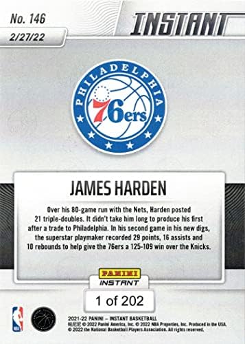 2021-22 Panini Azonnali 146 James Harden Kosárlabda Kártya - 1 Hivatalos 76ers Kártya - Csak 202 készült!