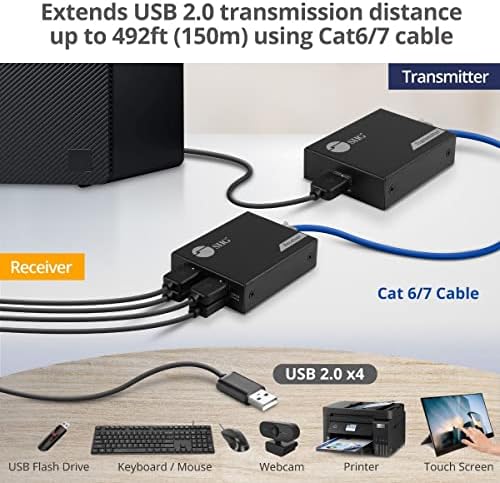 SIIG 4-Port USB 2.0 Hosszabbító 492ft Át Cat6/ 7 Kábel, Cat5e Kábel 330ft, Plug and Play, Nagy Sebességű Átvitel a PC, Felügyeleti