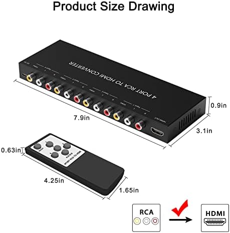 4Port AV HDMI Átalakító, RCA/Kompozit/CVBS-HDMI Adapter Támogatás 16:9/4:3 Kapcsoló Kompatibilis a Wii/N64/PS1/PS2/PS3/VHS/VCR/DVD-Lejátszók,